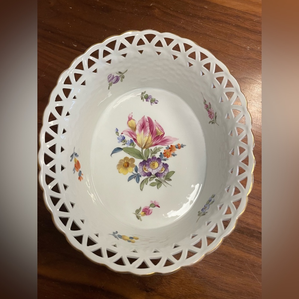 Antique Vintage Nymphenburg Reticulated Oval Dish Bowl Floral Porcelain Germany